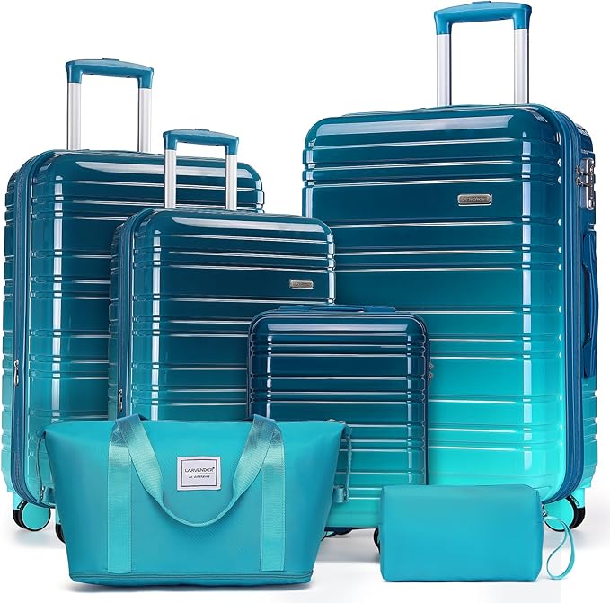 LARVENDER Luggage Sets 6 Piece, Expandable PC+ABS Hardside Multicolor Suitcase Sets with TSA Lock Double Spinner Wheels, Ocean Breeze