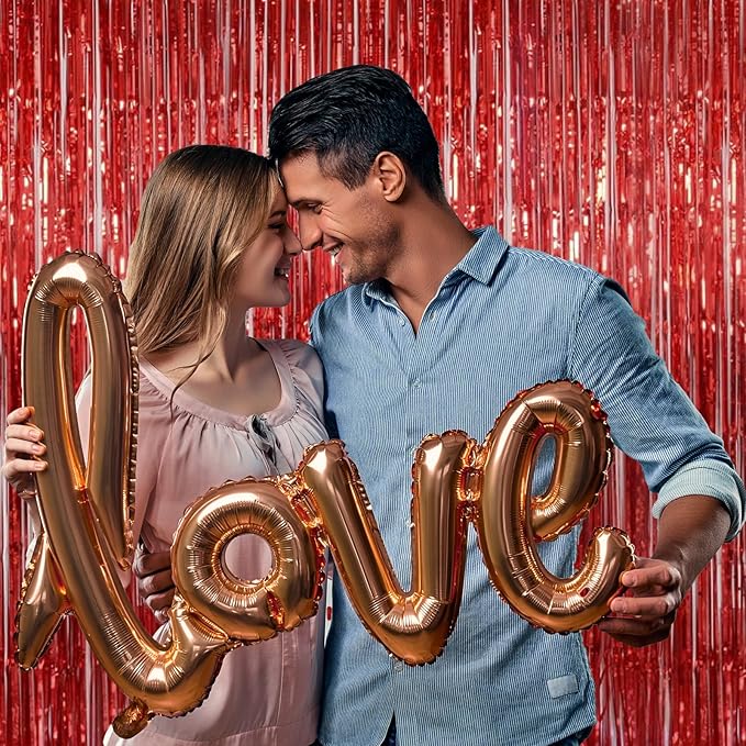 Red Tinsel Fringe Backdrop, Melsan 3.2 x 8 ft Red Metallic Foil Curtains Streamer for Birthday, Anniversary, Photo Booth for Party,2 Packs
