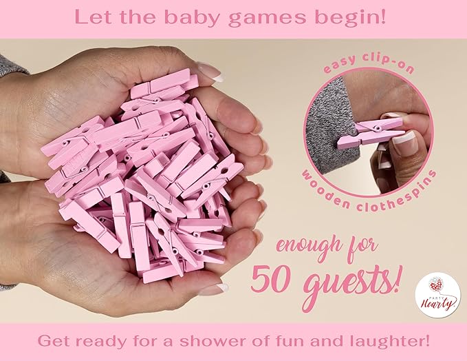 Party Hearty Baby Shower Games for Girl, Don't Say Baby Game,1 Sign and 50 Mini Pink Clothespins, Shower Game Ideas