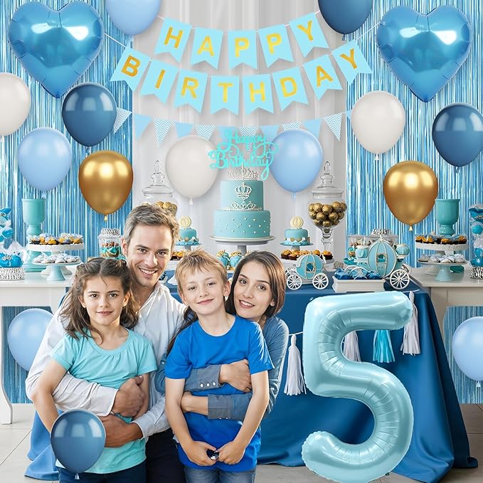 5th Birthday Decorations Blue White Gold,5th Birthday Balloons with Happy Birthday Banner Fringe Curtain Heart Foil Balloons for Boys Girls 5 Year Old Birthday Decor