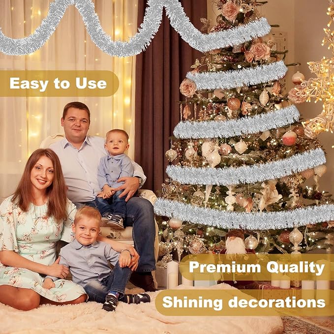 50 Feet Silver Christmas Tinsel Garland, Metallic Foil Twist Banner Wall Hanging Tinsel Streamers Backdrop for Parade Floats, Christmas, Mother's Day, Birthday Party Decorations(2in x 50ft)