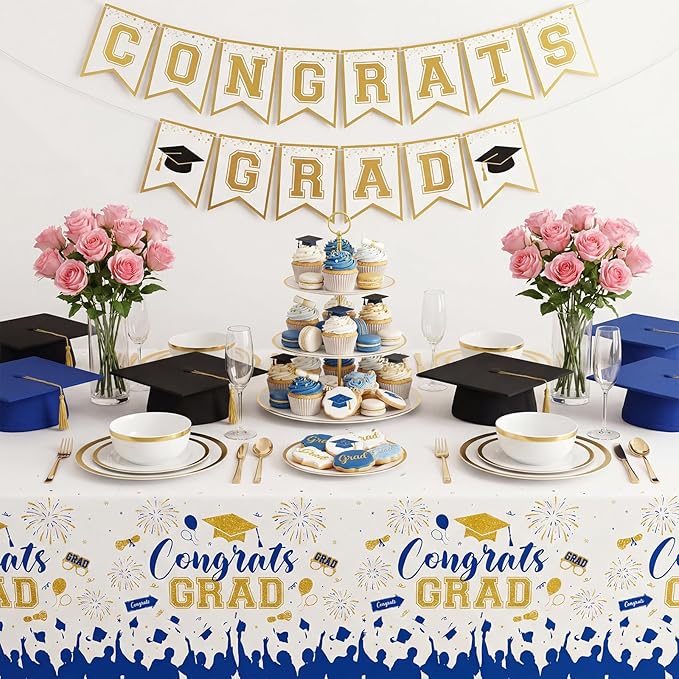 3 Pack Plastic Graduation Tablecloth, Graduation Decorations 2026 Disposable Rectangle Blue White Table Cover, 2026 Gongrats Grad Table Cloths for Graduation Party Decorations, 54x108Inch