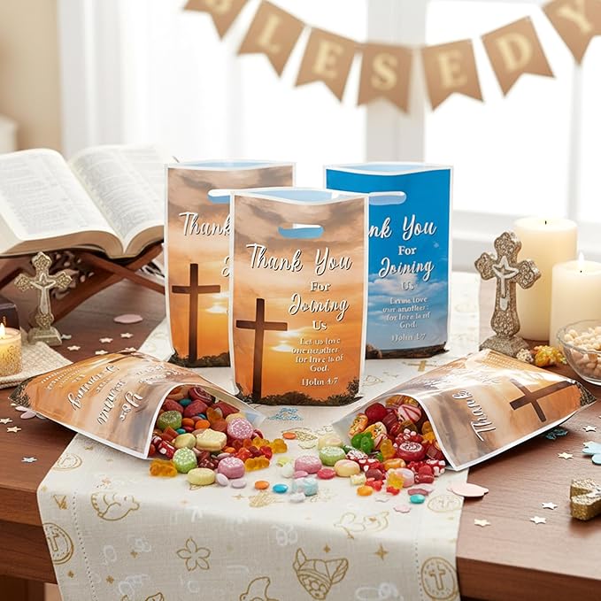 50Pcs Welcome to Our Church Party Favor Bags Religious Church Goodie Candy Treat Gift Bag, Christian Cross Party Decoration for VBS Sunday School Bible Verse Jesus Birthday Party Supplies