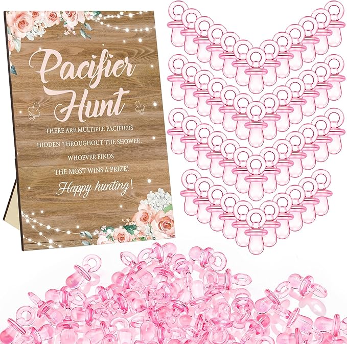 Thyle 51 Pcs Pink Rose Baby Shower Game Floral Pacifier Hunt Sign and 50 Acrylic Pacifiers for Pink Rose Baby Shower Decorations Floral Sweet Gender Reveal Table Centerpiece Pregnancy Party Supplies