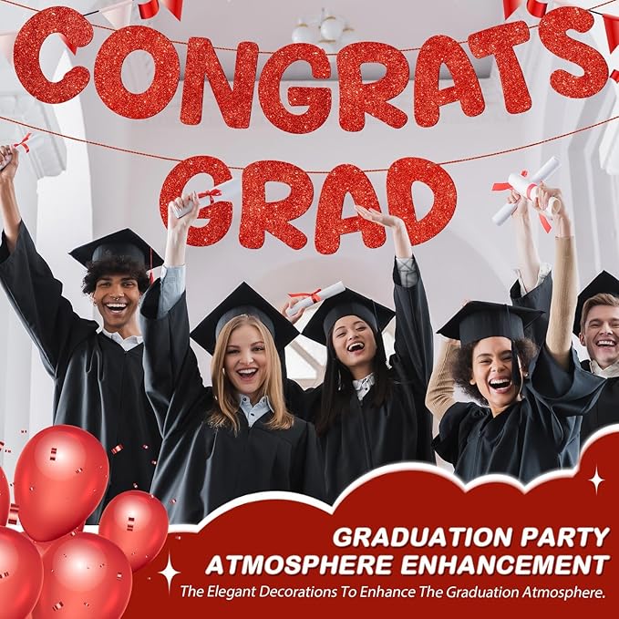 Fulmoon Pre Strung Congrats Grad Banner Glitter Congratulations Banner College Graduation Sign Class of 2026 Grad Party Decorations for High School University Graduation Party Favor(Red)