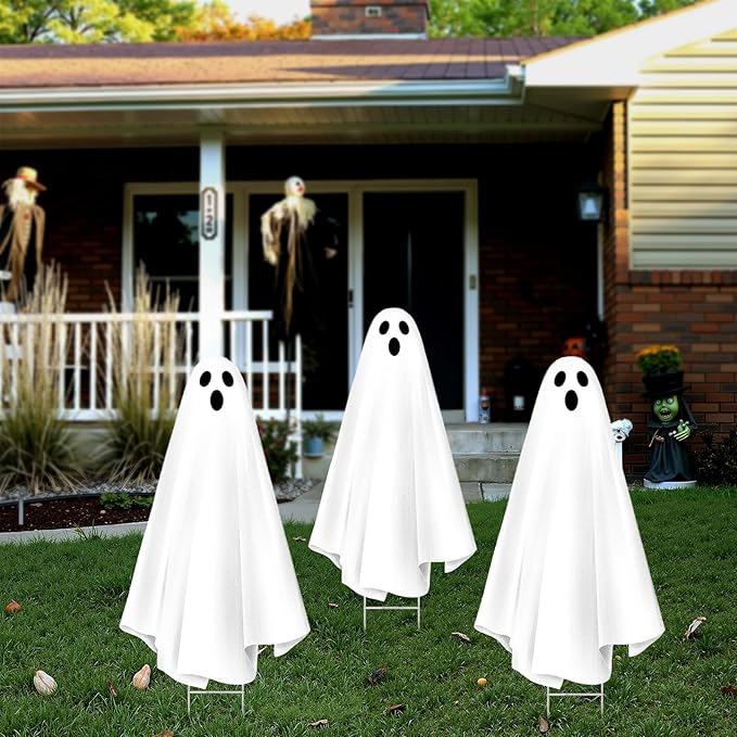 Halloween Decorations Outdoor: 3ct Extra Large Scary Ghost Yard Signs with Stakes, Corrugated Plastic, Outside Halloween Decor White Ghost for Kids Home School Yard Lawn Haunted House
