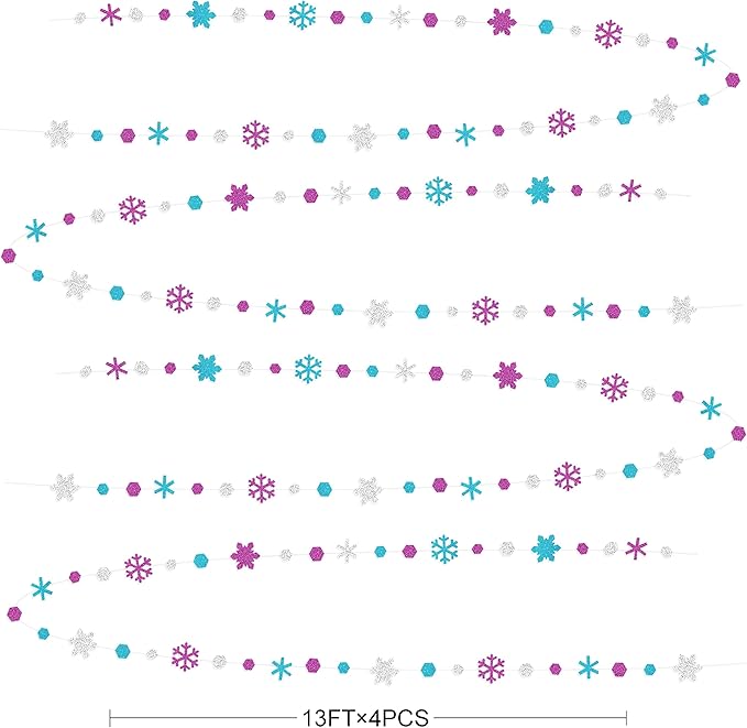 52 Ft Snowflakes Party Decorations Silver Purple Blue Glitter Paper Snowflakes Garland Streamer for Winter Wonderland Christmas Holiday Frozen Birthday Wedding Baby Shower Bridal Shower Party Supplies