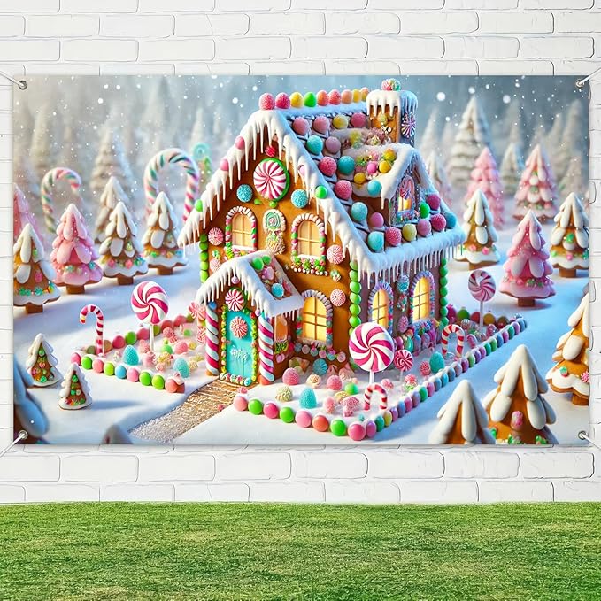 Christmas Gingerbread House Banner Candy Land Holiday Decor Colorful Sweet Winter Wonderland Backdrop for Party Wall Decoration Kids Home Photo Booth Display 71 X 43 Inches