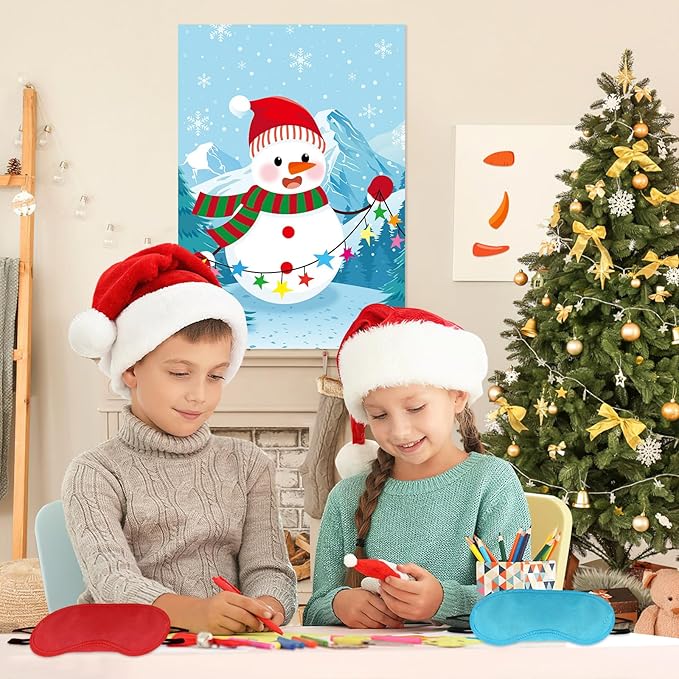 AUGSUN Pin The Nose On The Snowman, Christmas Snowman Games Large Snowman Poster with Carrot Nose and Blindfold Christmas Activities for Families Adult Kids Xmas Gifts Winter Holiday Party Supplies