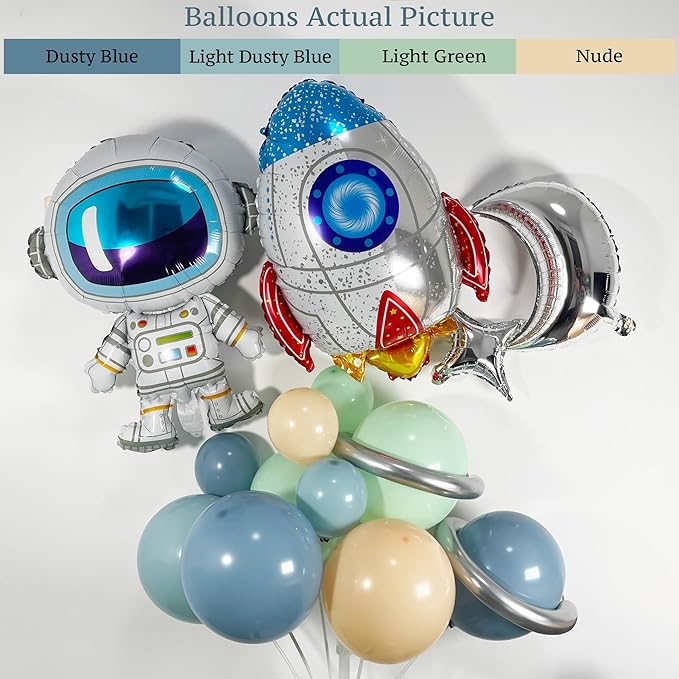 137Pcs Space Balloon Arch Garland Kit with Dusty Blue Green Nude Rocket Astronaut Moon Star Balloons for Space Baby Shower, Nasa Party Decor, Astro Bot Party Supplies, Over The Moon for Boy