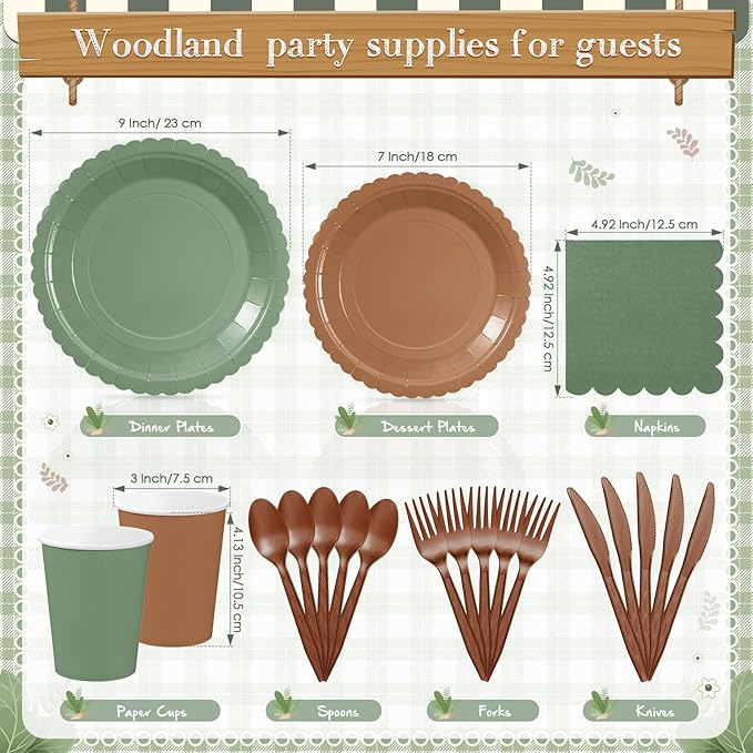 Zhehao 350 Pcs Woodland Party Supplies Set Green and Brown Disposable Tableware Kit with Plates, Cups, Napkins, Cutlery in Natural Earth Tones for Baby Shower, Birthday, Wedding Forest Events