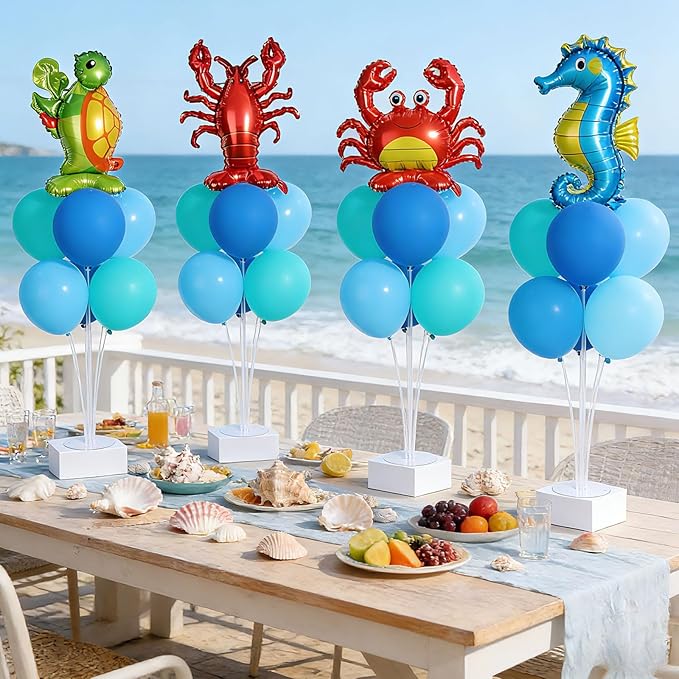 4 Sets Ocean Animal Theme Party Balloons Stand Kit with Sea Turtle Seahorse Lobster Crab Foil Balloons Party Balloon Centerpiece for Tables for Under the Sea Birthday Pool Beach Decoration