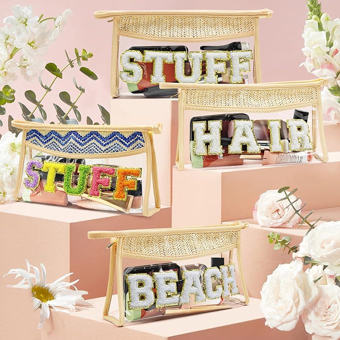 Boho Hand-woven Makeup Bag, Chenille Letter Patch Clear Travel Pouch, Rattan Straw Bag Clear Cosmetic Sunscreen Bags, Women Summer Retro Travel Beach Bag Beach Essentials (Boho_Beige-Stuff)