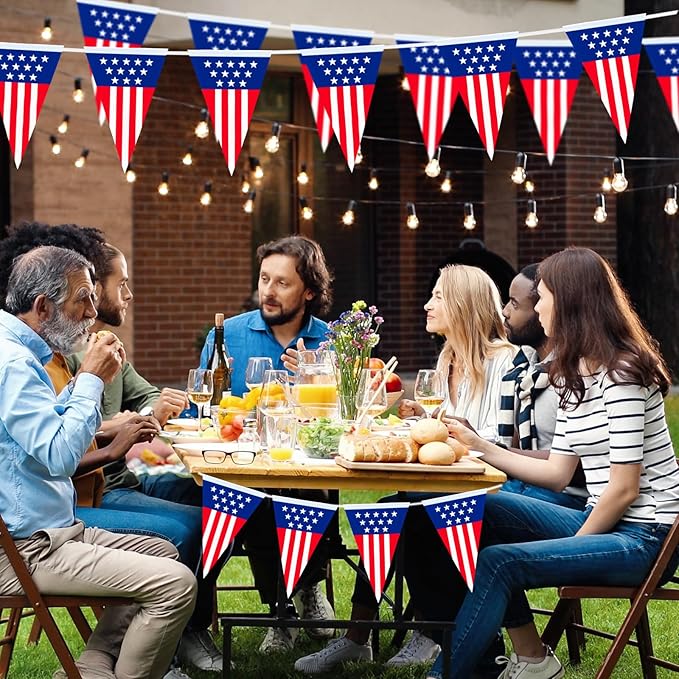 32.8 ft American Triangle Pennant Banner, 30 Pcs Mini USA Bunting Flags | Red, White, Blue Patriotic Flags for 4th of July, Independence Day, Memorial Day, Parades, Home, Yard, and Party Decorations