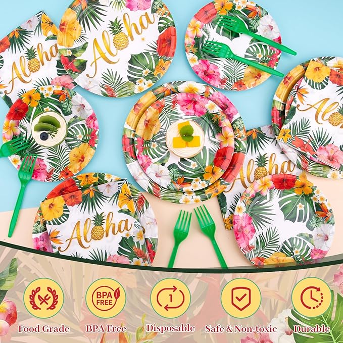 Luau Party Decorations, 99Pcs Hawaiian Aloha Party Plates-Serve 24 With Aloha Banner Tablecloth Napkins Disposable Dinnerware Set for Hawaiian Tropical Summer BBQ Party Decorations