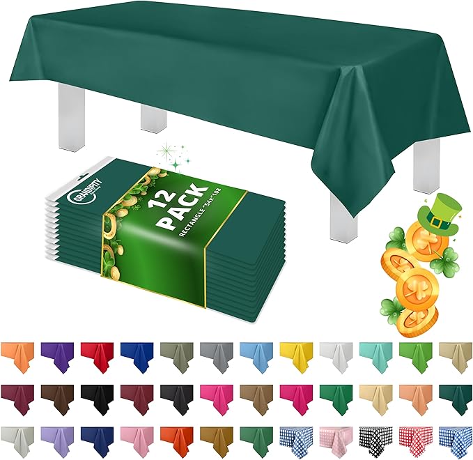Grandipity 12 Pack Premium Disposable Plastic Tablecloth 54 Inch. x 108 Inch. Decorative Rectangle Table Cover - Dark Green