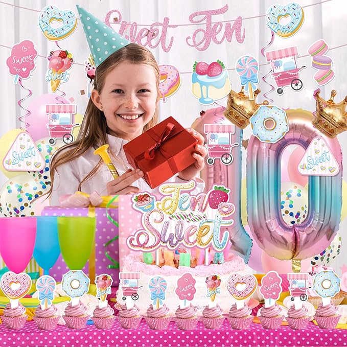 Sweet Ten Birthday Decorations- 10th Birthday Decorations For Girl With Happy 10th Birthday Banner Sweet Ten Cake Topper 10th Foil Balloon For 10th Donut Themed Party Decor Gifts For Teenage