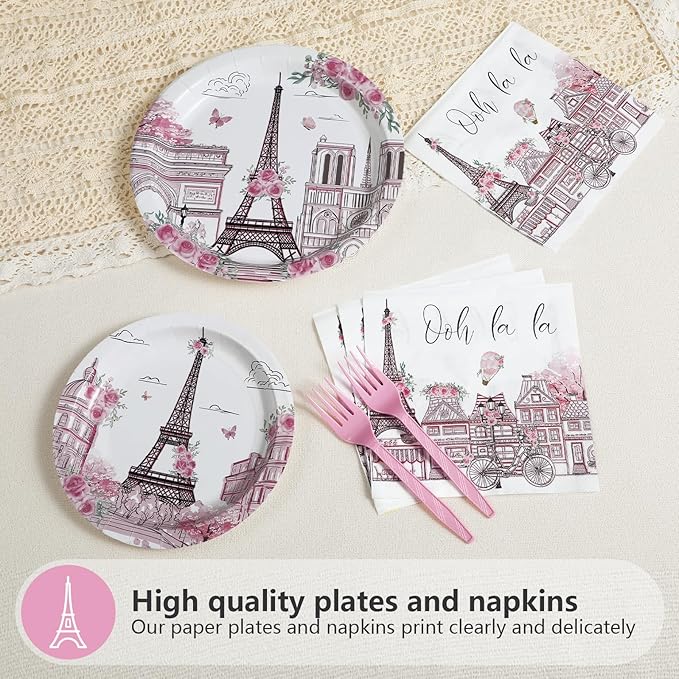 96Pcs Paris Theme Party Decorations Eiffel Tower Plates and Napkins Pink Rose Oh La La Birthday Decorations for Valentine's Day Paris Themed Bridal Shower Weddings Baby Shower Party Supplies Serves 24