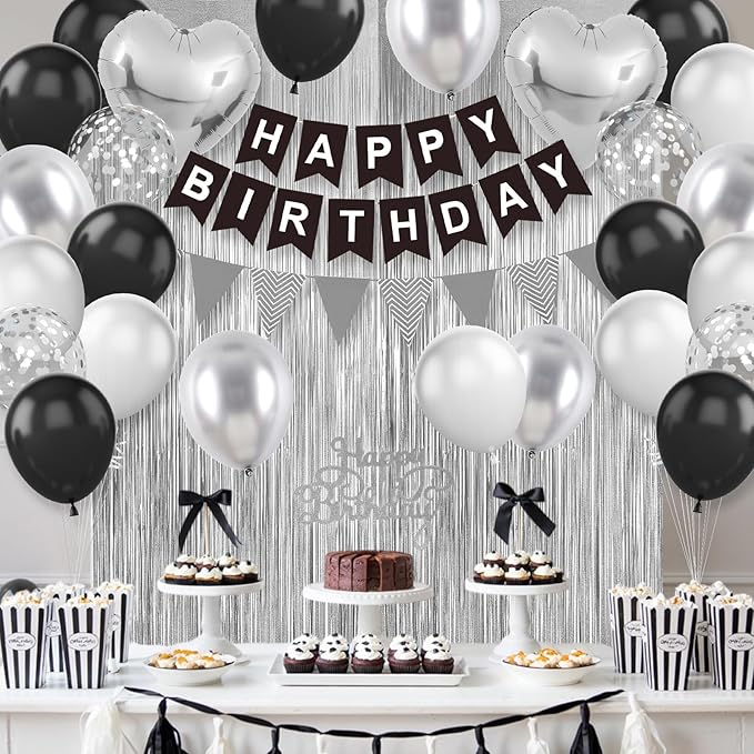 Black Silver Birthday Decorations,Happy Birthday Banner Black and Silver Balloons Fringe Curtain Heart Foil Balloons for Men Women Boys Girls