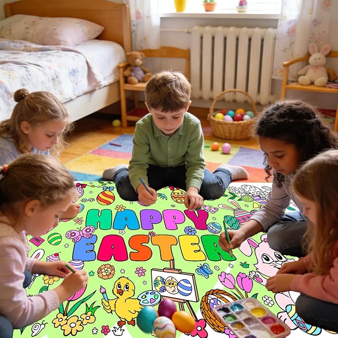 Easter Giant Coloring Poster for Kids,30x72 Inch Happy Easter Crafts Drawing Paper Coloring Tablecloth DIY Art Crafts for Kids Party Egg Bunny Themed Activity Home Classroom Party Suppiles