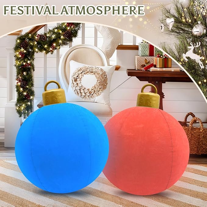 2 Pcs 24-Inch LED Velvet Inflatable Balls Christmas Decorations, Large Flocked PVC Decorations with 12 Colors & Remote, for Outdoor and Indoor Holiday Decor(Green, Brown)