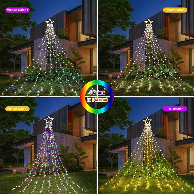Christmas Decorations Star String Lights, 320 LEDs Outdoor Waterfall Tree Lights with 13" Topper Star, Plug in Waterproof Hanging Fairy Lights for Xmas New Year Holiday Party Yard Decor