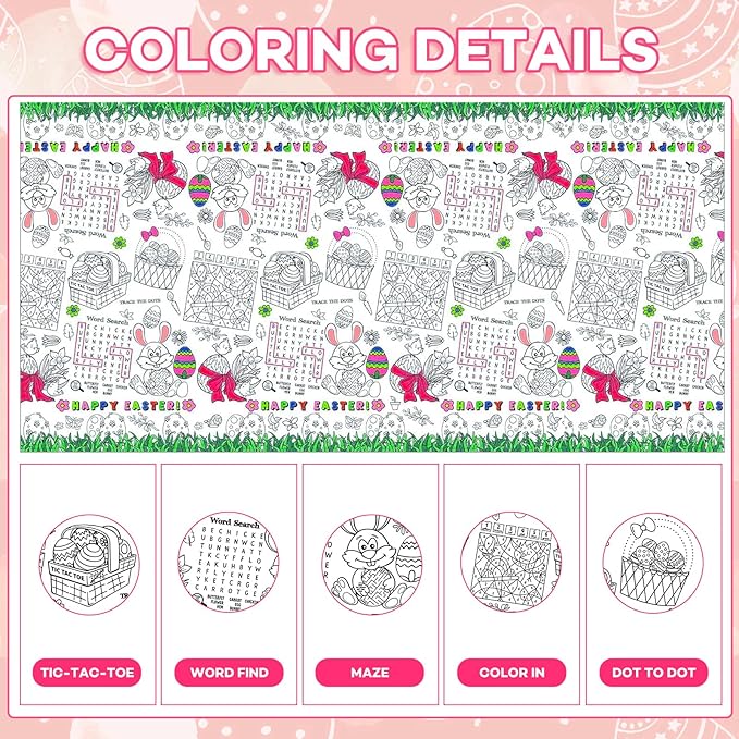 1 Pack Happy Easter Coloring Tablecloth for Kids - Giant Easter Color-in Paper Poster, Rectangle Easter Bunny Activity Coloring Table Cloth for Spring Easters Party Decorations Favors, 54 x 108 Inch