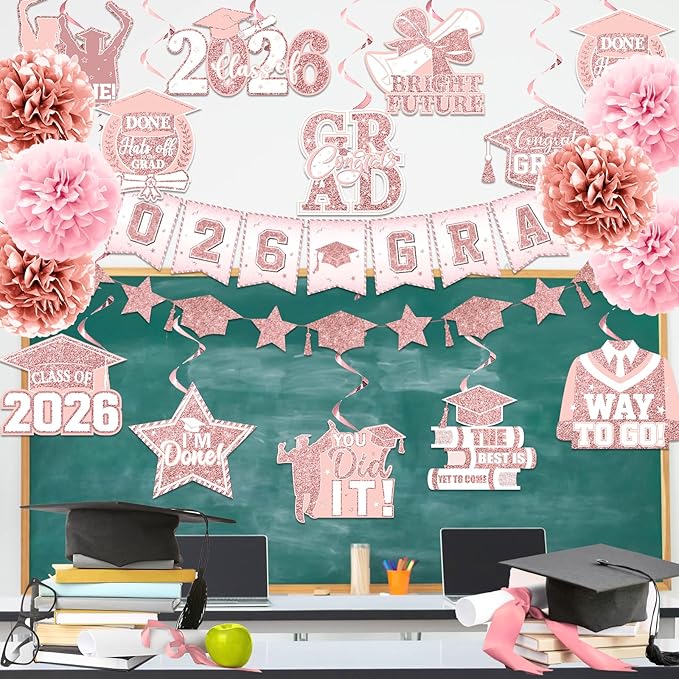2026 Pink Graduation Decorations, 2026 Grad Banner and Congrats Grad Hanging Swirls, Rose Gold Graduation Banner Graduations Hanging Swirls College Graduations Party Decorations Class of 2026