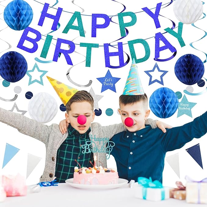 Birthday Decorations Pre-Strung Happy Birthday Banner for Boys Girls Blue Birthday Banners with Pennant Honeycomb Balls Cake Topper Stars Hanging Swirl Streamers Circle Dots Garland