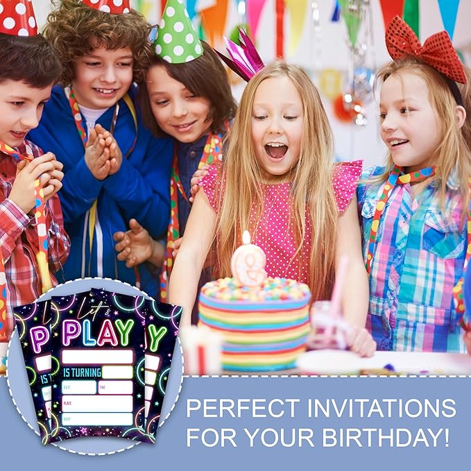 Laser Birthday Invitations, Let's Party Theme Neon Glow Party Invites Cards for Boys Girls, Fill-In Style 20 Pack Double Sided with Envelopes, 4 × 6 Inch
