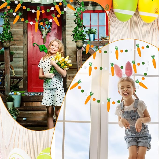 Peryiter 3 Pcs Easter Felt Garland Carrot Felt Ball Garland Decorations 8.2 ft Carrot Banner Colorful with 24 Pompom Balls Ornaments for Easter Party Mantle Wall Home Indoor Outdoor Decorations