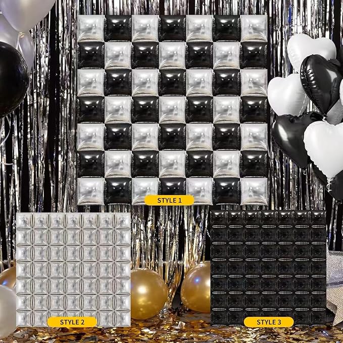 50PCS Silver Black Square Foil Balloon Wall, Double Sided Metallic Silver Black Garland Kit, Reusable DIY Mylar Balloon Arch for Anniversary Bachelorette Birthday Engagement Party Background Decor ﻿
