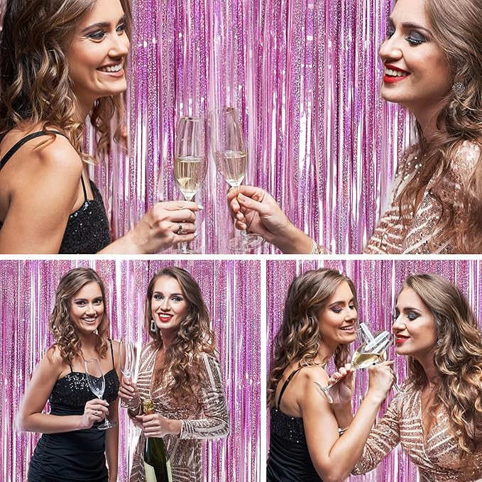 Pink Backdrops Curtains Party Decorations, Tinsel Streamers Birthday Decoration for Women Sweet 16, Photo Booth Props for Princess, Wedding, 4Pack 3.28X6.56Ft
