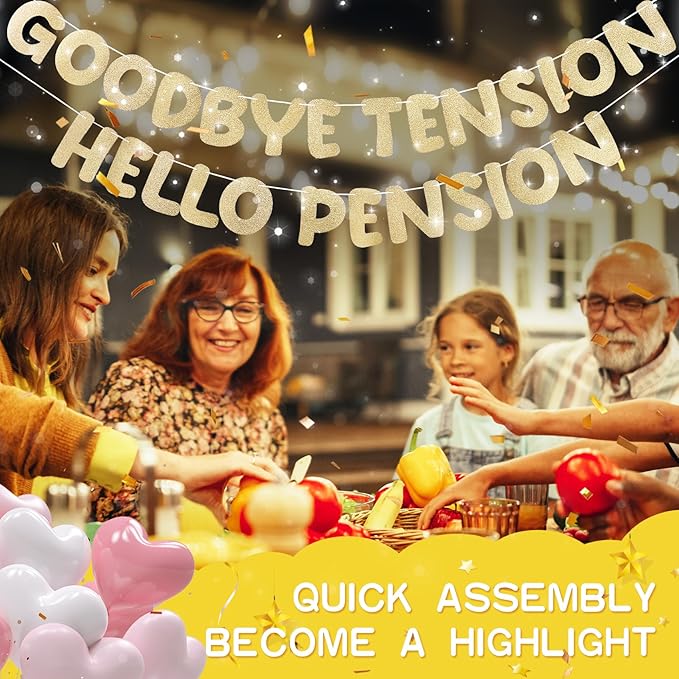 Retirement Banner Pre-Strung GOODBYE TENSION HELLO PENSION Banner Glitter Retirement Party Supplies Decorations for Women Men Office Home Decor (Chanmpagne Gold)