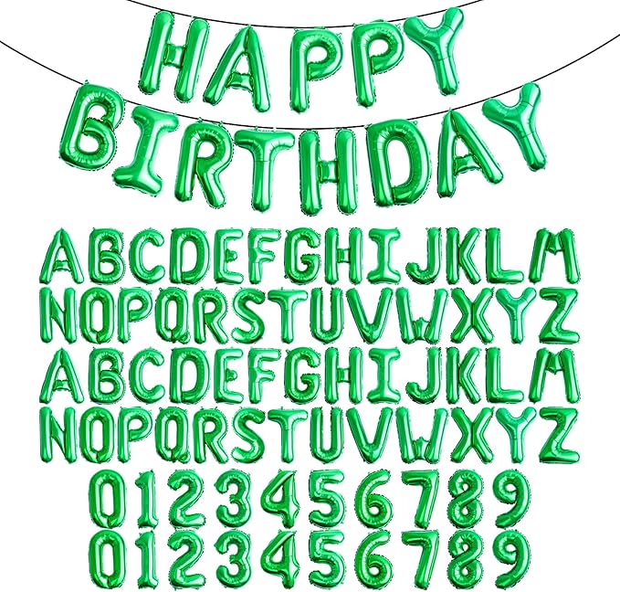 [85 PCS] 16" Green Letter Number Balloons, Happy Birthday & 2 Sets of A-Z 0-9, Foil Mylar Aluminum Hanging Alphabet for Graduation New Year eve Birthday Party Decorations