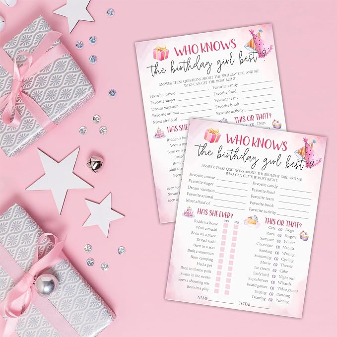 6"X8" Who Knows The Birthday Girl Best - Watercolor Pink Funny Double-Sided 3-in-1 Game Card Set For Birthday Party, Sleepover Party Activities & Supplies (20 Pcs)- A03