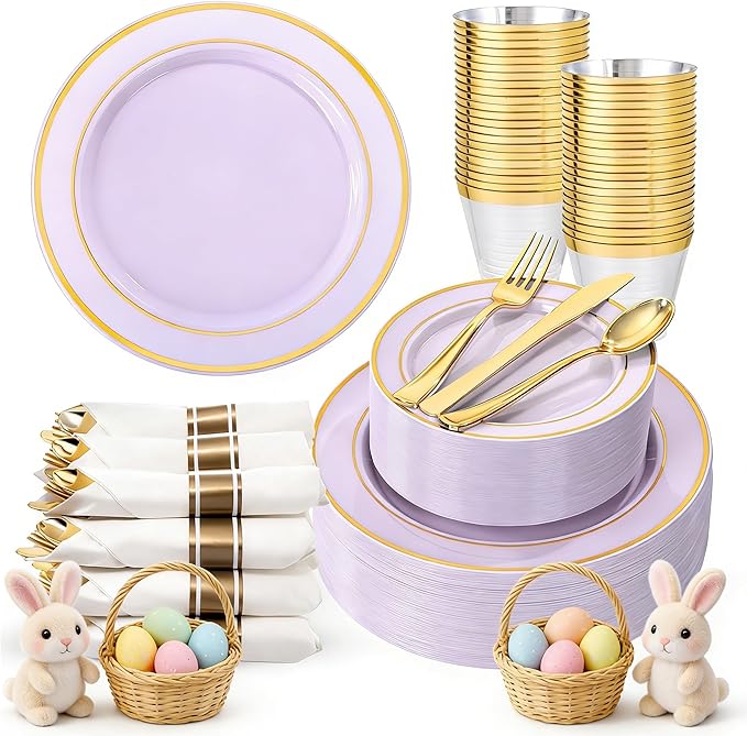 350PCS Purple Plates Disposable - Purple Plastic Plates 50Guests Lavender Disposable Dinnerware Sets with Rolled Napkins for Wedding/Birthday/Baby Shower/Easter