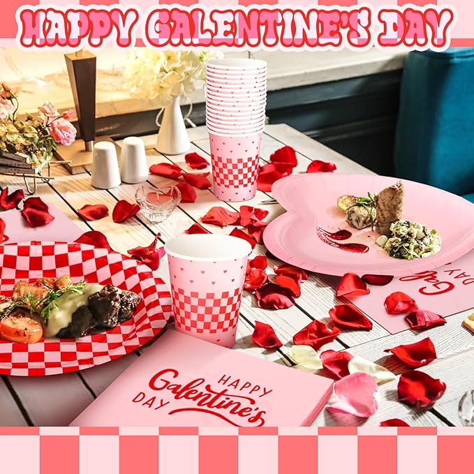 Zhehao 112 Pcs Galentine's Day Party Supplies Set for 24 Guests 9 Inch 7 Inch Paper Plates 9 oz Cups Napkins and Cutlery Pink and Red Plaid Ladies Celebration Party Decor Women Supplies