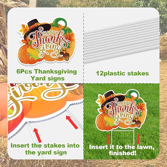 Thanksgiving Yard Signs with Stakes, 6-Pack Thanksgiving Decorations Outdoor Turkey Yard Signs, Fall Outdoor Decorations, Squirrel, Turkey, Gnome, Pumpkin, bumper harvest Car, Lawn Signs for Outside