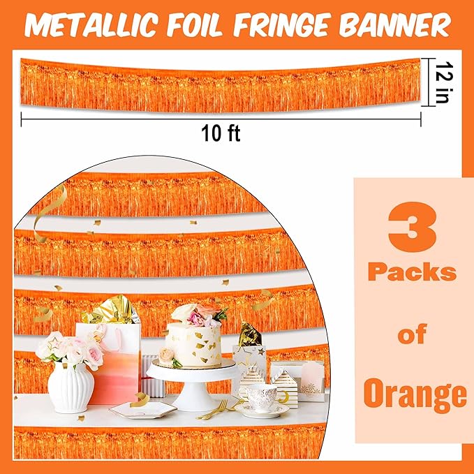 3 Pack 10 Ft Orange Foil Fringe Garland Metallic Streamers Tinsel Banner Wall Hanging Garland Backdrop for Parade Floats, Halloween, Christmas, Thanksgiving, New Year Party Decorations