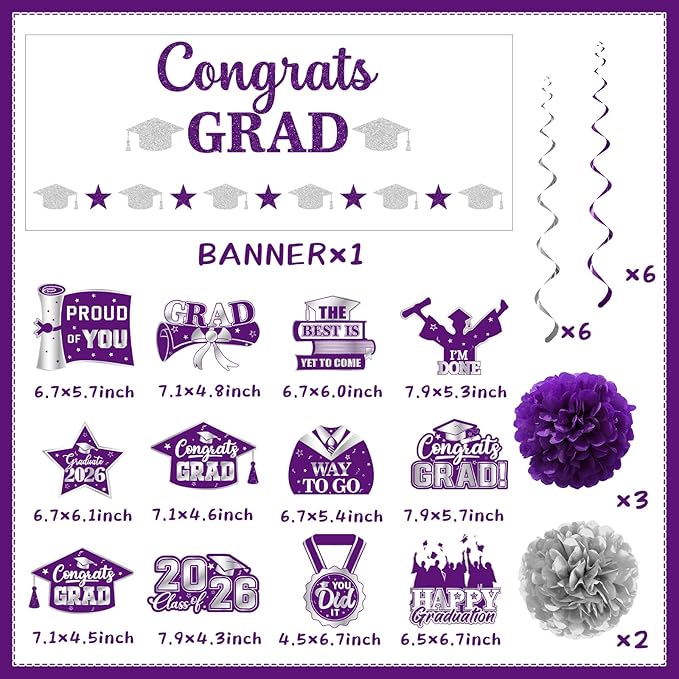 Purple Graduation Decorations, Glitter Congrats Grad Banner Hanging Swirls and Tissue Pom Poms, Purple and Silver Graduation Decorations for Class of 2026 College Graduations Party Decorations