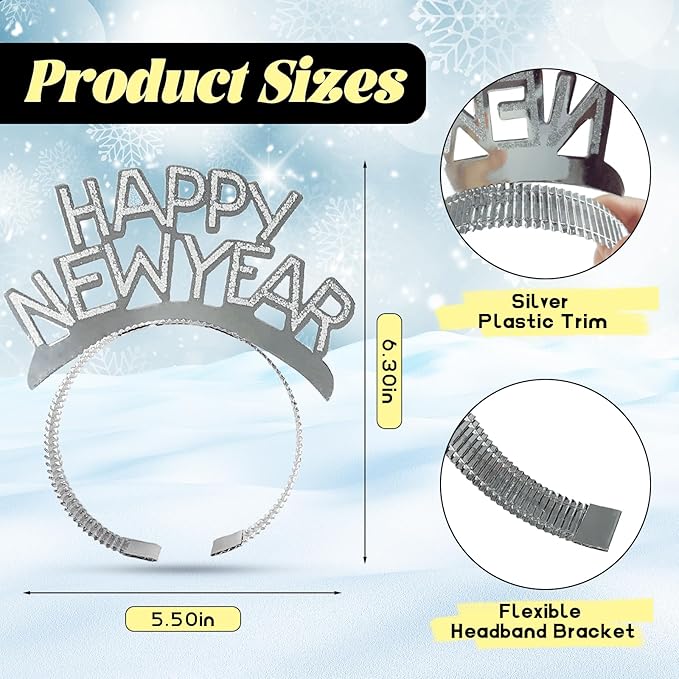 24 Pcs Happy New Year Headbands for Women 2026 New Year Eve Hairbands Party Supplies Holiday Headwear Decoration Gifts (Black+Gold+Silver)