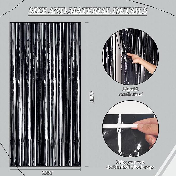 2 Pack Foil Fringe Backdrop - Laser Black Shiny Tinsel Curtains for Party Decoration/Photo Booth Props - 3.3x6.6 FT Metallic Foil Backdrop for Birthday, Wedding, Graduation, Christmas.