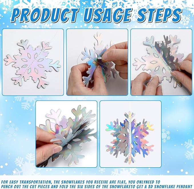 JULMELON 18PCS Christmas Hanging Snowflakes Decorations, 3D Holographic Paper Snowflakes Iridescent Snow Flakes Frozen Winter Wonderland Decorations for Christmas New Year's Birthdays Winter Parties