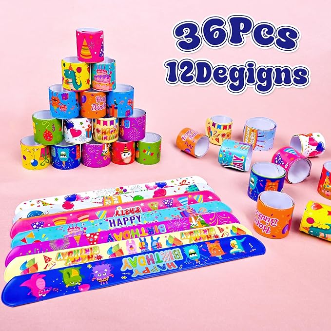 36 Pcs Happy Birthday Slap Bracelets for Kids, 12 Styles Colorful Bulk Slap Wristbands - Birthday Snap Bracelets for Summer Party Favors Gift Exchange