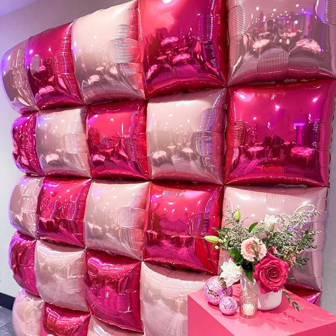 Hot Magenta Pink Square Foil Balloons Wall Backdrop Double Sided Metallic Balloon Tunnel Arch Garland Kit For Anniversary Bachelorette Birthday Engagement Bridal Baby Shower Party Decorations