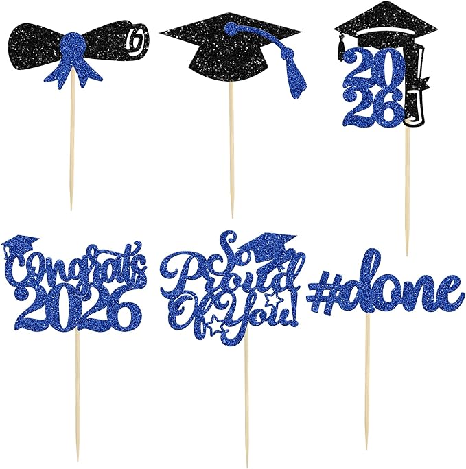 Gyufise 24Pcs 2026 Graduation Done Cupcake Toppers Blue Glitter Congrats Class of 2026 Diploma Grad Cap Cupcake Picks So Proud of You Cake Decorations for 2026 Graduation Theme Party Supplies