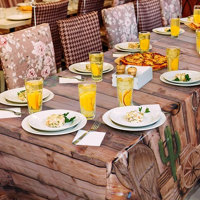 3 Pack Western Party Tablecloths, 54 x 108 Inch Disposable Plastic Western Cowboy Table Cover for Rustic Farmhouse, West Wooden House, Western Theme Birthday Decorations Outdoor Indoor Party Supplies