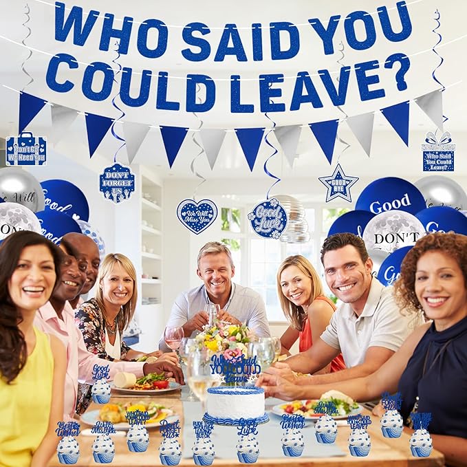Roetyce Farewell Party Decorations, Blue Who Said You Could Leave Banner Cake Toppers Balloons Hanging Swirls, Going Away Retirement Leaving Party Decorations, Coworker Goodbye Party Supplies