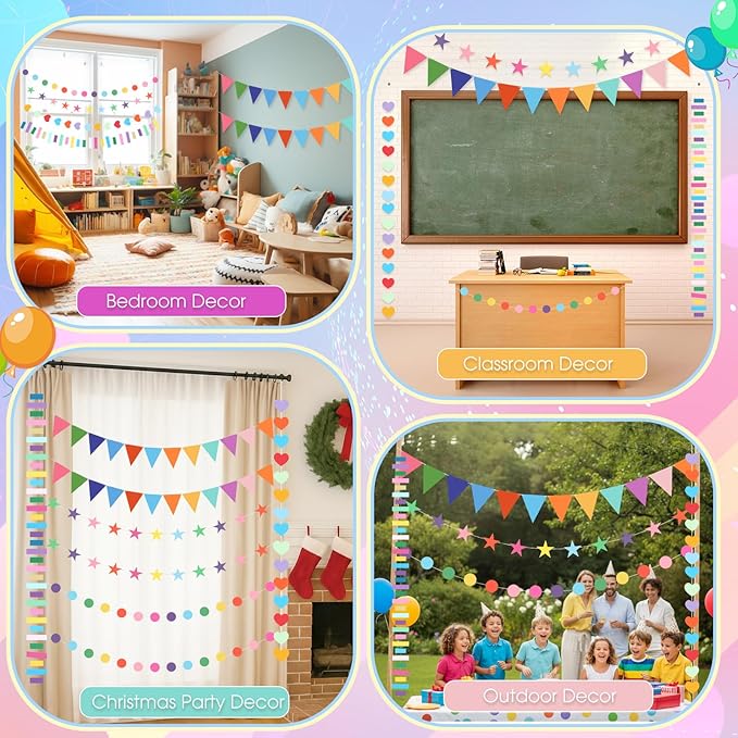 Tiamon 6 Pcs Rainbow Garland Banners Easter Tree Decoration Include Star Circle Dot Heart Rectangular Garland Colorful Pennant Banner Pre-Strung Hanging Banner for Birthday Classroom Party Decor